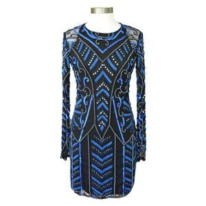 PARKER Isabella Long Sleeve Illusion Beaded Cocktail Mini Dress Blue Black Prom